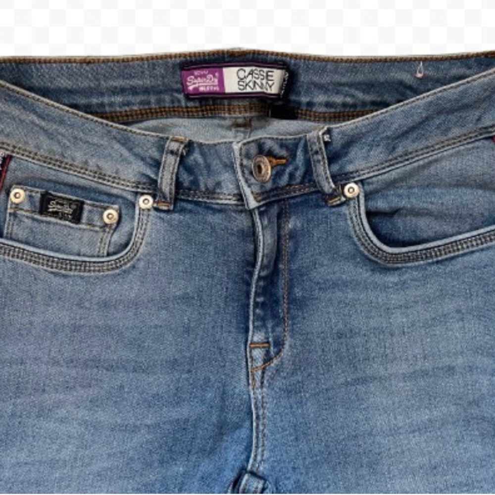 Superdry Vintage Blue Jeans & Red Logo Stripe Studs Blue Stripe Size W27 L30 EUC - Picture 8 of 12